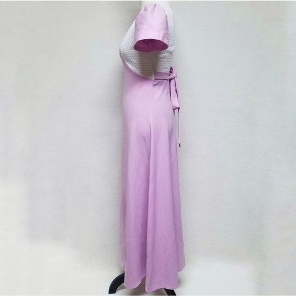Vintage 1960s Lilac Swiss Dot Handmade Short Sleeve Tie Waist Maxi Dress S - Picture 7 of 13